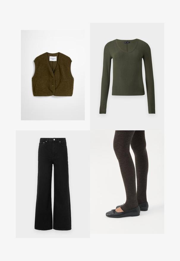 Olive roheline vest, mis on valmistatud pehmest kangast, ümara kaelusega, esikinnitusnuppudega ja kahe küljetaskuga. Pehme tekstuur, ilma varrukateta.; Oliivroheline pikem varrukas topp, mis on valmistatud soonikust kangast, omab ümmargust kaelust ja keha lähedast siluetti. Ei ole nähtavaid kinnitusi ega mustreid.; Mustad laia lahjaga teksad, valmistatud denimist; omadused: kõrge vöökoht, ees taskud ja nööpidega kinnitamine. Ilma nähtavate mustrite või kaunistusteta.; Jalad seljas tumedad soonelises soonelises kombines mustade baleriinadega, millel on väikesed paelade detailid valgel taustal.