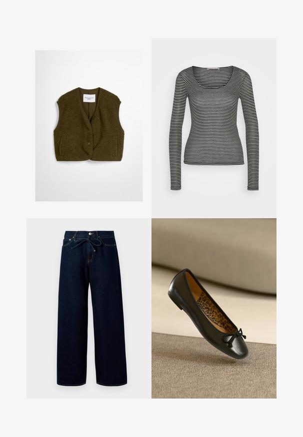 Olive roheline vest, mis on valmistatud pehmest kangast, ümara kaelusega, esikinnitusnuppudega ja kahe küljetaskuga. Pehme tekstuur, ilma varrukateta.; Anna Field Pikkade varrukatega topp - black/beige; Tumedad sinised lai üleminekud teksad, mis on valmistatud denimist, omavad esist nupuvajutust ja paelast vööd, kontrastsete õmblustega.; Must nahast baleriinikinga ümarate varvaste ja kangasest lipsuga, mille siseküljel on leopardimustriga vooder. Sile pind ja õhuke profiil.