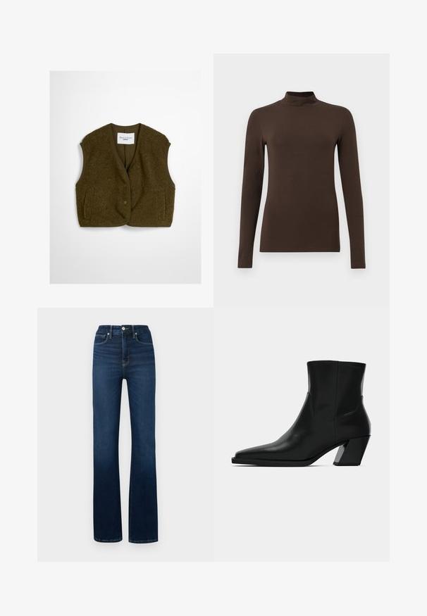 Olivengrøn vest lavet af fluffy stof, med rund halsudskæring, frontknapper og to sidelommer. Blød tekstur uden ærmer.; Brun langærmet turtleneck-top lavet af blødt stof. Tætsiddende design med høj krave og sømløse ærmer. Ingen synlige mønstre eller hardware.; Good American GOOD CLASSIC BOOT - Jeans Bootcut - indigo; Sortlæder ankelstøvle med spids tå, en slank silhuet og en kraftig firkantet hæl. Glat tekstur med minimale stikninger.
