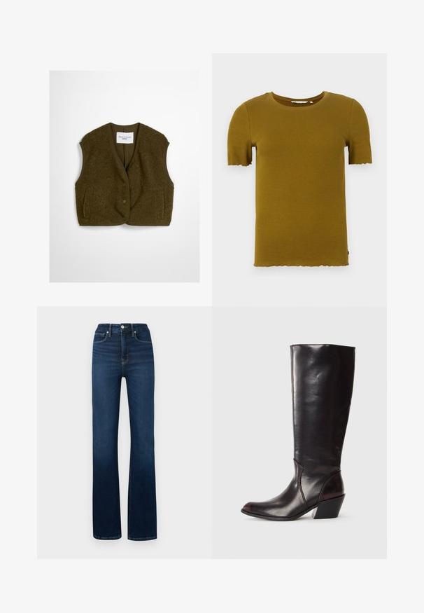 Olijfgroen vest gemaakt van fluffy stof, met een ronde halslijn, voortknopen en twee zijzakken. Zachte textuur zonder mouwen.; Mosterdgele ribbed short-sleeve t-shirt met een ronde hals en een geschulpte zoom. Zachte textuur en een getailleerd ontwerp. Geen zichtbare hardware of patronen.; Good American GOOD CLASSIC BOOT - Bootcut jeans - indigo; Knielange, donkerbruine leren laars met een spitse neus, hoekige blokhak en een gladde, glanzende textuur. Heeft een strak ontwerp en stikdetails.
