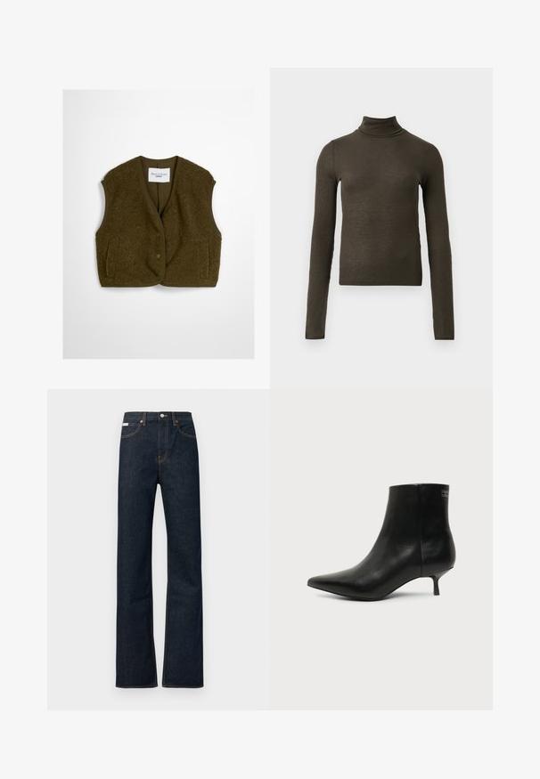 Olijfgroen vest gemaakt van fluffy stof, met een ronde halslijn, voortknopen en twee zijzakken. Zachte textuur zonder mouwen.; Donkergroene ribgebreide turtleneck met lange mouwen, slim fit en iets cropped lengte op een effen lichte achtergrond.; Donkerblauwe spijkerbroek met rechte pijpen, voorzien van oranje stiksels, een knoopsluiting aan de voorkant en een klein label op de tailleband.; Zwart leren enkellaars met puntige neus en lage kittenhak op lichte achtergrond, zijaanzicht buitenkant.