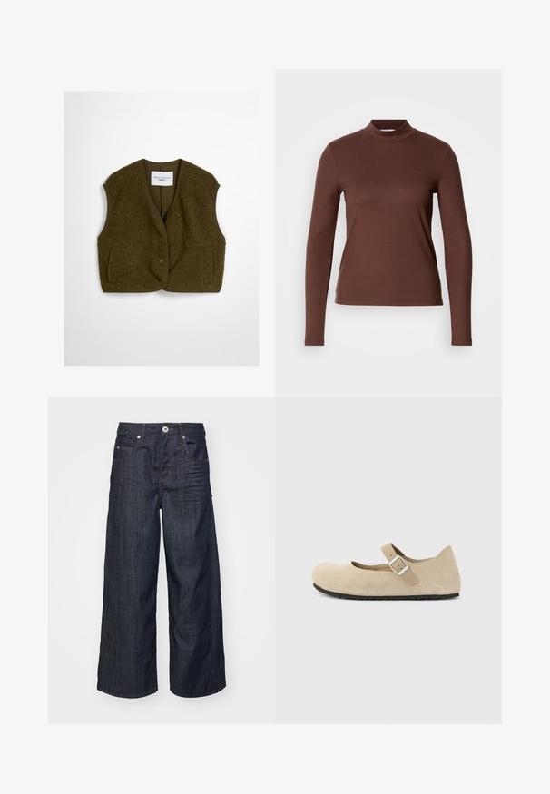 Olive roheline vest, mis on valmistatud pehmest kangast, ümara kaelusega, esikinnitusnuppudega ja kahe küljetaskuga. Pehme tekstuur, ilma varrukateta.; Pruun pikka varrukaga ribatüüpi kõrge kaelusega topp, millel on vormiv disain. Pehme tekstuur, minimalistlik stiil ja õrn bränding rinnal.; Tumed sinise laia säärega denimid, ees nupuga ja tõmblukkukaitsega, vöösidega ja viie tasku stiiliga valge taustal.; Beežist seemisnahan Mary Jane king ümarate olenitega, ühe rihmaga, hõbedase pandlaga ja musta tekstuurse tallaga, näidatud küljelt hele tausta taustal.