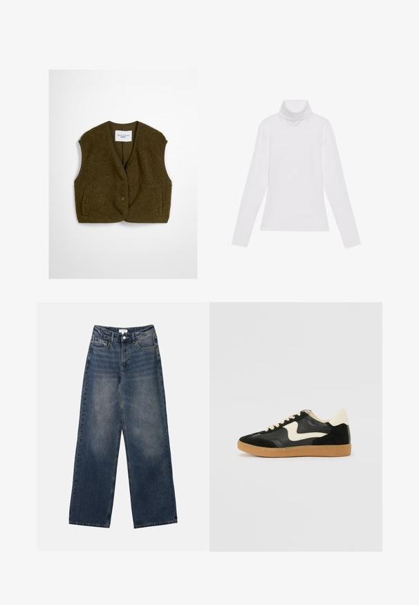 Olijfgroen vest gemaakt van fluffy stof, met een ronde halslijn, voortknopen en twee zijzakken. Zachte textuur zonder mouwen.; Witte lange mouw turtleneck top gemaakt van glad, elastisch materiaal. Voorzien van een hoge kraag en een getailleerd ontwerp, zonder zichtbare patronen of versieringen.; Heren hoge taille blauwe spijkerbroek met wijde pijpen, vooraan knoop en rits, en voor- en achterzakken.; Zwarte suède en leren sneaker met een crèmekleurige zij-swoosh en lichte crèmekleurige hiel. Voorzien van beige veters en een gumrubberen zool.