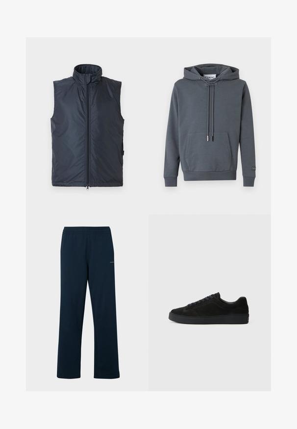 Doudoune sans manches de couleur bleu marine foncé, avec un col montant, une fermeture éclair sur le devant et une texture lisse et brillante. Conception sans manches idéale pour superposer.; Sweat à capuche gris foncé avec poche kangourou sur le devant, cordons réglables et étiquette "ICEBERG" sur le col et la manche.; Un pantalon de survêtement bleu marine en tissu doux, avec une taille élastique et une coupe ample. Pas de motifs visibles ni de détails métalliques.; Basket en suède noire avec une semelle plate et texturée, un bout rond, six œillets pour les lacets et un design minimaliste.