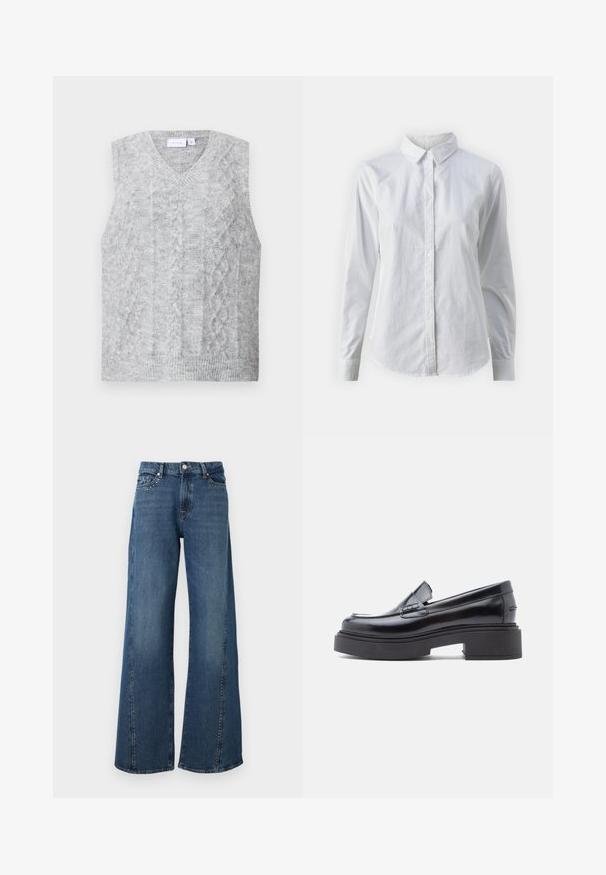 Grå ærmeløs sweater med v-hals, der har et kabelstrikket mønster. Blød tekstur og ribbet nederkant. Minimalistisk design uden udsmykning.; Hvid skjorte med knapper lavet af glat bomuld, der har en klassisk krave, lange ærmer og en buet kant. Knapperne er små og hvide.; Vidbenede jeans i mørkeblåt denim. Har sølvfarvede nitte-accenter på forsiden af lommerne, klassisk design med fem lommer og knaplukning.; Sorte læder loafers med rund tå, der har en hævet platformssål og en enkel dekorativ rem over vamps. Glat finish.
