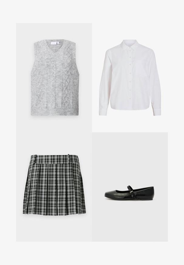 Grå ærmeløs sweater med v-hals, der har et kabelstrikket mønster. Blød tekstur og ribbet nederkant. Minimalistisk design uden udsmykning.; Hvid skjorte med lange ærmer, knapper foran, klassisk krave, enkelt brystlomme, lavet af glat, let stof med løs pasform.; Sort-hvidt ternet plisseret nederdel med en glat talje og flere lodrette folder. Fremstillet af let stof.; Sorte læder balletflade med rund tå, flad sål og en tynd justerbar rem over svangen med en metalspænde.