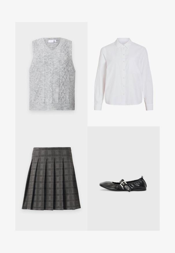 Suéter gris sin mangas con escote en V, que presenta un patrón de punto trenzado. Textura suave y dobladillo acanalado. Diseño minimalista sin adornos.; Camisa blanca de manga larga, con cierre de botones en la parte delantera, cuello clásico, un bolsillo en el pecho, confeccionada con una tela lisa y ligera, con un ajuste relajado.; Falda plisada en un patrón de cuadros grises, hecha de una tela texturizada. Presenta pliegues verticales y un dobladillo recto.; Zapato plano de piel negra con puntera afilada, detalle fruncido alrededor de la abertura y un acento de hebilla plateada en la correa ajustable.