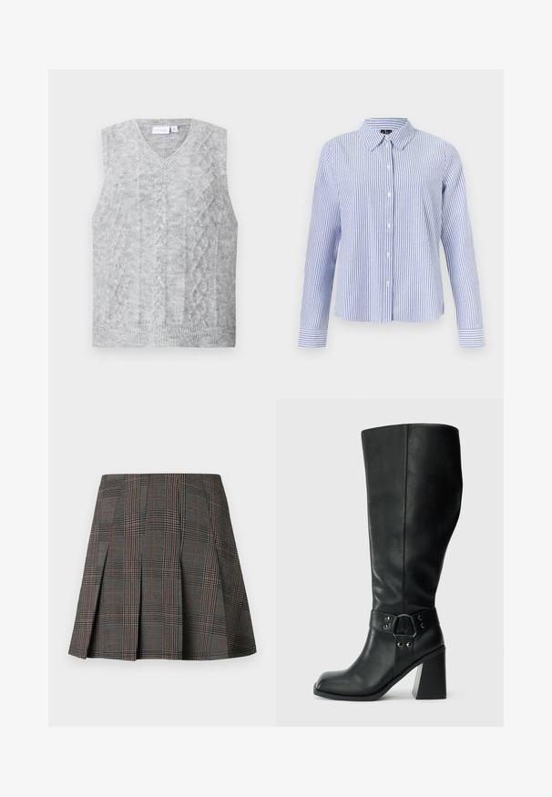 Suéter gris sin mangas con escote en V, que presenta un patrón de punto trenzado. Textura suave y dobladillo acanalado. Diseño minimalista sin adornos.; Camisa de manga larga con botones, con rayas verticales blancas y azul claro y cuello puntiagudo, mostrada sobre un fondo liso.; Falda de cuadros gris con pliegues, con intrincados patrones en blanco y negro, acentuados por delgadas líneas rojas. Está hecha de una tela estructurada.; Botas de cuero negro hasta la rodilla con puntera cuadrada, tacón ancho y una correa decorativa con acentos metálicos alrededor del tobillo. Textura suave.