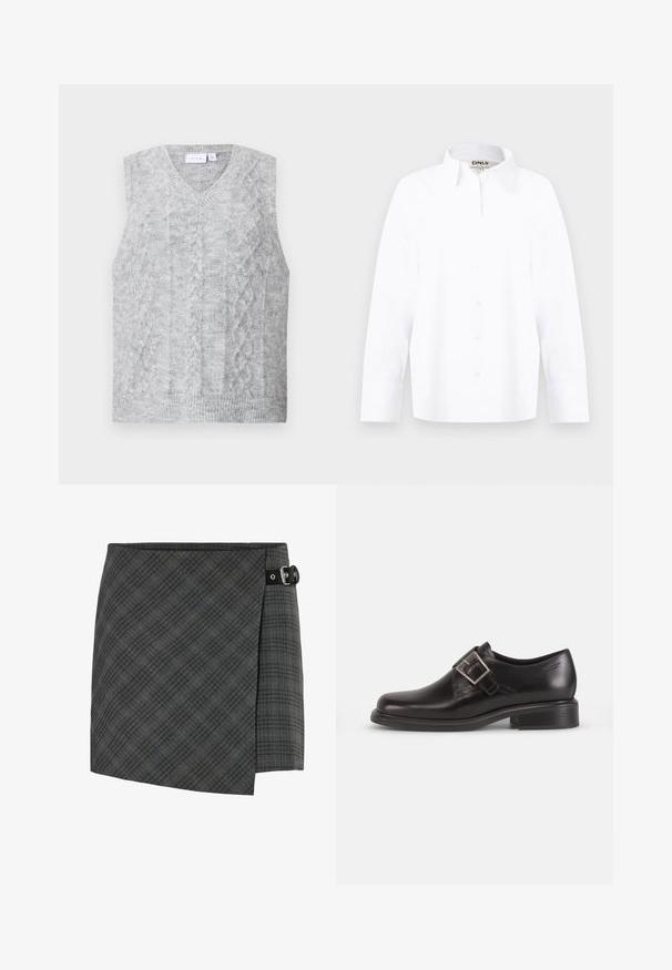 Suéter gris sin mangas con escote en V, que presenta un patrón de punto trenzado. Textura suave y dobladillo acanalado. Diseño minimalista sin adornos.; Camisa blanca de manga larga con botones, cuello puntiagudo, puños ajustados y etiqueta de la marca "ONLY" en el cuello, talla mediana.; Falda de lana a cuadros gris oscuro con detalle de hebilla negra en el lado derecho, dobladillo recto y un sutil patrón de líneas diagonales.; Zapato de vestir de cuero negro con punta redondeada, detalle de hebilla lateral y suela texturizada, sobre un fondo blanco liso.