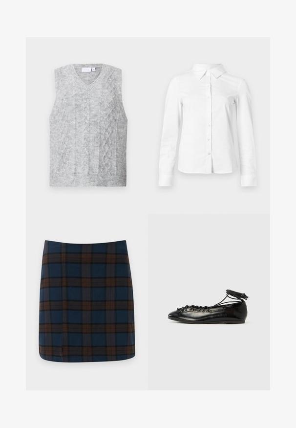 Suéter gris sin mangas con escote en V, que presenta un patrón de punto trenzado. Textura suave y dobladillo acanalado. Diseño minimalista sin adornos.; Camisa blanca de manga larga con botones, cuello puntiagudo, bajo recto y silueta ajustada, presentada sobre un fondo claro y liso.; Falda mini a cuadros azul marino con líneas marrones y grises, fabricada en una tela suave, con una sutil abertura en la parte trasera para mayor comodidad al moverse.; Zapatos planos tipo ballet de charol negro con punta redondeada, diseño con cordones y suela plana. Textura lisa con detalles mínimos.