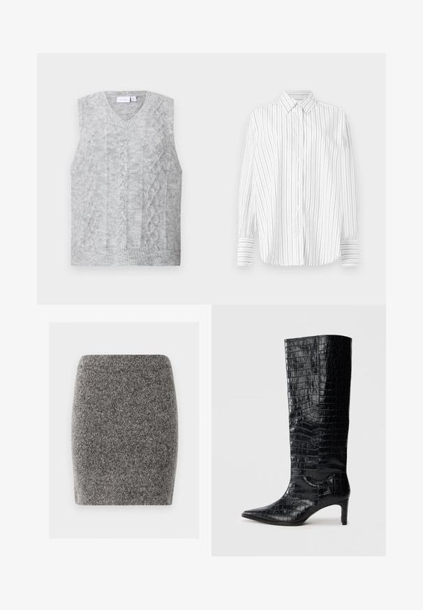 Suéter gris sin mangas con escote en V, que presenta un patrón de punto trenzado. Textura suave y dobladillo acanalado. Diseño minimalista sin adornos.; Camisa blanca de manga larga con botones, con finas rayas verticales negras y un cuello puntiagudo, exhibida sobre un fondo liso.; Minifalda gris ajustada hecha de tejido texturizado. Costuras lisas sin cierres visibles. Diseño simple y sin adornos.; Botas negras de media caña con textura brillante de patrón de cocodrilo, punta afilada y tacón cónico. Material sintético liso.