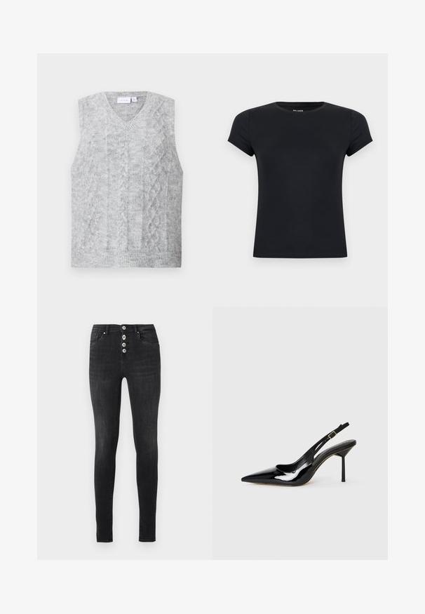 Grauer ärmelloser Pullover mit V-Ausschnitt, der ein Kabelstrickmuster aufweist. Weiche Textur und gerippter Saum. Minimalistisches Design ohne Verzierungen.; Schwarzes, kurzärmeliges, tailliertes T-Shirt mit Rundhalsausschnitt und dezentem Markenlabel innen im Kragen vor weißem Hintergrund.; Schwarze hoch taillierte Skinny-Jeans mit vier sichtbaren silbernen Knöpfen und Fronttaschen auf weißem Hintergrund.; Schwarzer Lackleder Slingback-Pumps mit spitzem Zehenbereich und Stiletto-Absatz, dünnem Riemen und goldener Schnalle auf weißem Hintergrund.