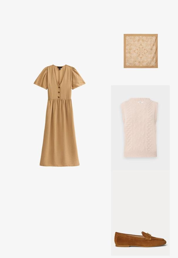 Jersey sin mangas de color beige, tejido, con patrones de punto de cable y pompones, y un cuello redondo ribeteado y dobladillo.; Vestido marrón claro, hasta la rodilla, con escote en V, mangas cortas abullonadas y cintura fruncida. Presenta cinco botones marrones en el delantero. Textura lisa.; Mocasín plano de ante marrón con detalle de hebilla metálica dorada en la parte superior y suela de tacón bajo.; Pañuelo cuadrado beige con un elaborado patrón blanco de cachemira y flores, dispuesto simétricamente en toda la tela.