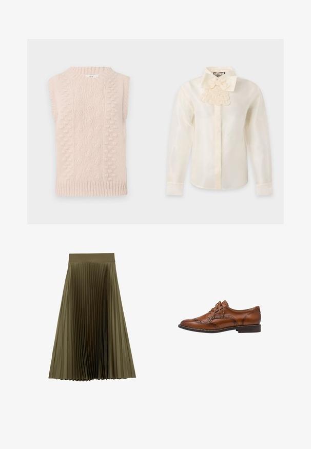 Beige gebreid mouwloos trui met kabel- en bobbelsteek patronen en een geribde ronde halslijn en zoom.; Crèmekleurige blouse met lange mouwen, grote decoratieve strik en geschulpte stofdetails onder de kraag.; Olijfgroene midi geplooide rok met een brede, gladde tailleband en gelijkmatig verdeelde smalle plooien.; Bruine leren brogue oxford schoen met wingtip-details, perforaties, veters en lage gestapelde hak op een witte achtergrond.