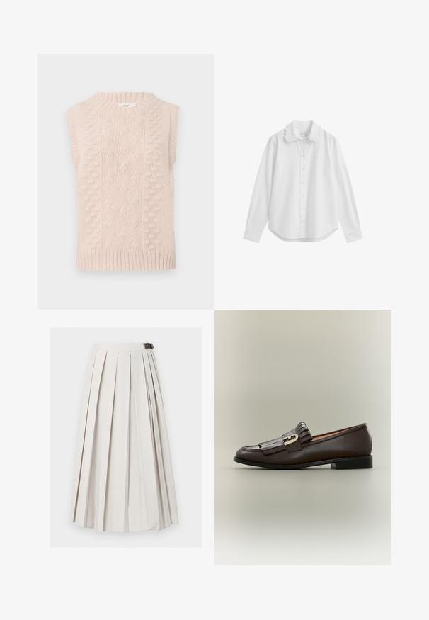 Beige strik vest uden ærmer med kabel- og bobble-stik mønstre samt en ribbet rund hals og kant.; Hvid langærmet skjorte med knapper, med en bølget krave og knappede manchetter, vist på en hvid baggrund.; Lang hvid plisseret nederdel med sidelukning med spænde, vist fladt mod en hvid baggrund.; Mørkebrune læderloafer med frynsedetalje og guldbeslag på en neutral baggrund, sidevisning.