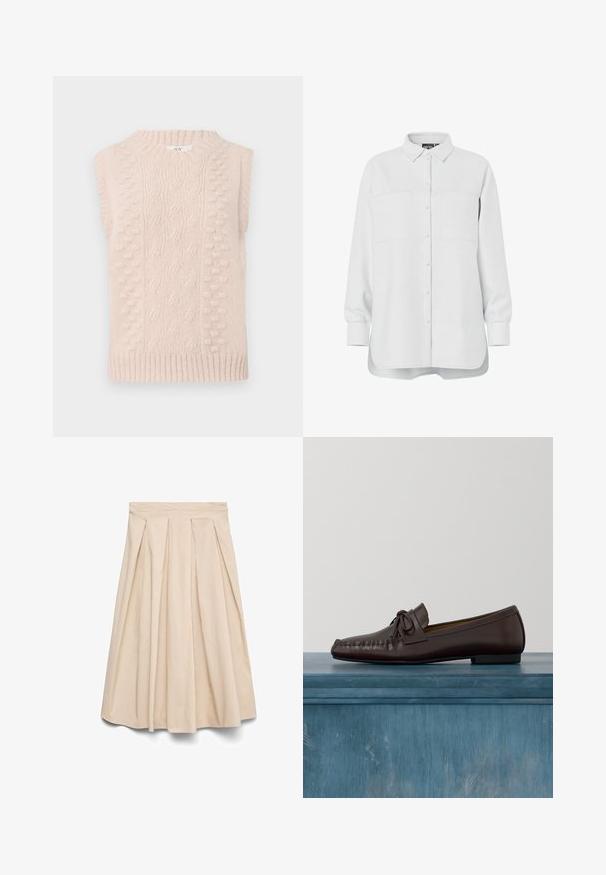 Beige gebreid mouwloos trui met kabel- en bobbelsteek patronen en een geribde ronde halslijn en zoom.; Witte lange mouwen blouse met knopen, kraag, twee borstzakken en een afgeronde zoom, weergegeven op een effen witte achtergrond.; Beige midirok met hoge taille en plooien aan de voorkant, uitlopende silhouet en gladde stof.; Bruine leren loafers met een ronde neus, strikdetail en sierstiksels langs de wreef. Platte zwarte rubberen zool.