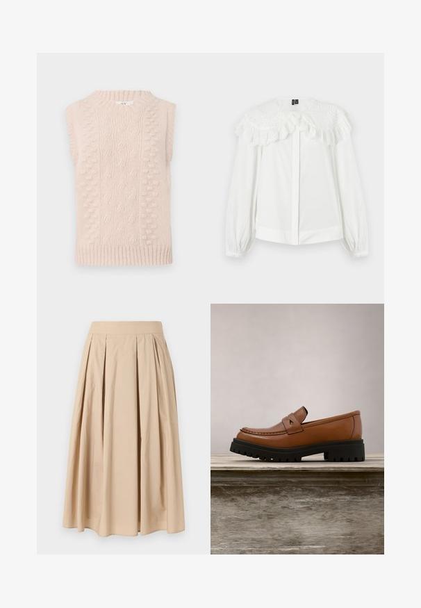Jersey sin mangas de color beige, tejido, con patrones de punto de cable y pompones, y un cuello redondo ribeteado y dobladillo.; Blusa blanca de manga larga con un gran cuello de encaje con ojales bordados y bordes con volantes, con botones delanteros ocultos y mangas con puños.; Falda plisada beige hasta la rodilla con una cinturilla ancha, hecha de tela ligera, presentada sobre un fondo blanco liso.; Mocasín de cuero marrón con suela gruesa negra flotando sobre una superficie de madera, con hierba alta y verde de fondo.