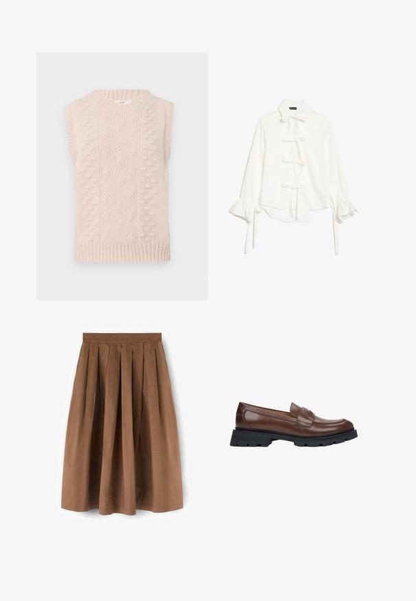 Beige gebreid mouwloos trui met kabel- en bobbelsteek patronen en een geribde ronde halslijn en zoom.; Witte blouse met lange gerafelde mouwen en vijf strikjes voorop, met een klassieke kraag en een lichte high-low zoom.; Bruine geplooide knielange rok met een aansluitende tailleband, gemaakt van lichtgewicht stof, weergegeven tegen een witte achtergrond.; Bruine leren loafers met een platte, zwarte rubberen zool. Bevat een gestikte teenontwerp en een kleine decoratieve band over de bovenkant.