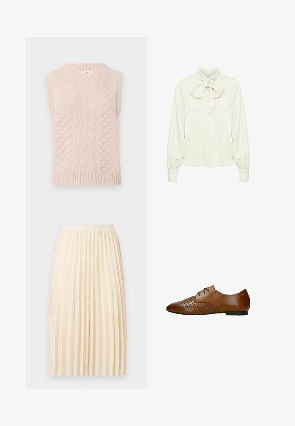 Beige strik vest uden ærmer med kabel- og bobble-stik mønstre samt en ribbet rund hals og kant.; Elfenbenfarvet bluse med en bundet sløjfe krave, lange puffede ærmer og knappelukning foran. Blødt, glat stof med en let glans.; Kremfarvet plisseret midi-nederdel med en tætsiddende talje, hængende lige ned foran en ensfarvet baggrund.; Brune lædersko til dress med perforerede detaljer, spidse tæer og snørebåndsdesign. Glat overflade med flad sål og minimal accentlogo.