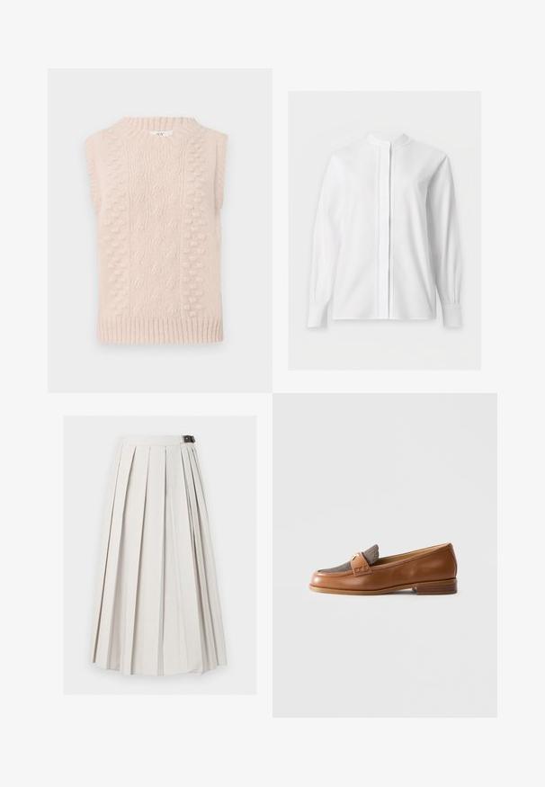 Jersey sin mangas de color beige, tejido, con patrones de punto de cable y pompones, y un cuello redondo ribeteado y dobladillo.; Blusa blanca de manga larga con cuello mandarín y tapeta de botones oculta, mostrada sobre un fondo blanco liso.; Falda larga blanca plisada con cierre lateral de hebilla, mostrada plana sobre un fondo blanco.; Mocasín de cuero marrón con parte superior de tela texturizada, adorno de metal dorado en la correa y bajo tacón de madera apilada sobre fondo blanco.