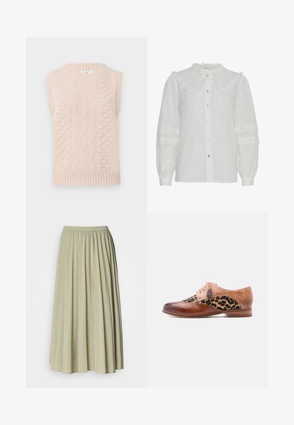 Jersey sin mangas de color beige, tejido, con patrones de punto de cable y pompones, y un cuello redondo ribeteado y dobladillo.; Blusa blanca con cuello fruncido, cierre de botones en el frente y detalles de ojo de perdiz bordados en las mangas abullonadas. Presenta un brillo sutil y una textura suave.; Falda larga plisada en una suave tela verde claro. Presenta una cintura elástica y un diseño fluido, con pliegues uniformes en toda la prenda.; Zapato de vestir de cuero marrón con panel de tela estampada de leopardo, detalles de brogue, adornos de cordones con borlas y un tacón bajo de madera.