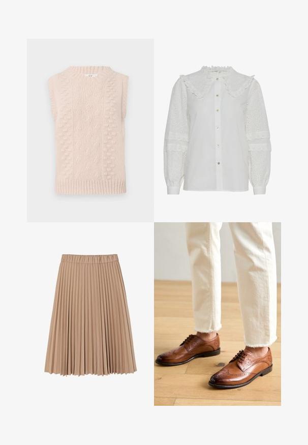 Beige strik vest uden ærmer med kabel- og bobble-stik mønstre samt en ribbet rund hals og kant.; Hvid bluse med en flæsekrave, knaplukning foran og broderet øjenlågdetaljering på de puffede ærmer. Har en subtil glans og blød tekstur.; Plisseret nederdel lavet af blødt beige stof; har en elastisk talje og et svævende design med smalle, jævne folder overalt.; Brune læder brogue sko med perforerede detaljer, rund tå og en glat overflade, parret med cremede bukser med frynset kant.