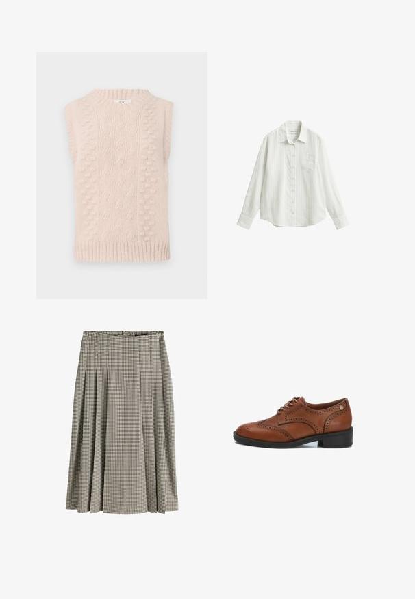 Jersey sin mangas de color beige, tejido, con patrones de punto de cable y pompones, y un cuello redondo ribeteado y dobladillo.; Camisa blanca abotonada con sutiles rayas verticales, mangas largas, un solo bolsillo en el pecho y cuello en punta, colocada extendida sobre un fondo blanco.; Falda plisada de longitud media con patrón de pata de gallo en blanco y negro, cintura alta y tejido estructurado.; Zapatos de cordones de piel marrón con detalles perforados, puntera redondeada y tacón de goma negra. Presentan una textura suave y un diseño discreto.