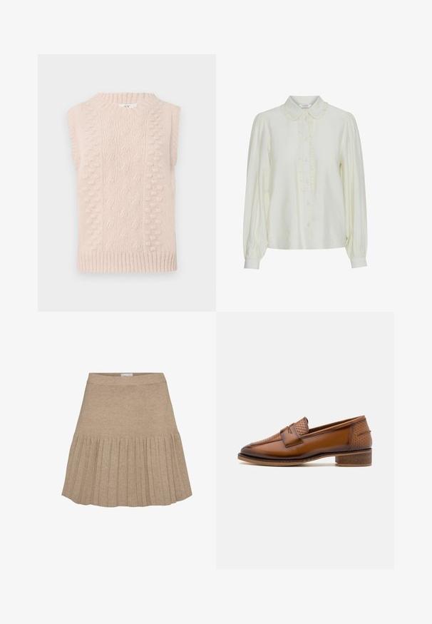 Jersey sin mangas de color beige, tejido, con patrones de punto de cable y pompones, y un cuello redondo ribeteado y dobladillo.; Blusa crema con cuello con volantes, cierre frontal de botones, mangas largas abullonadas y una tela suave y texturizada. Diseño elegante y minimalista.; Falda de punto beige con una cintura ajustada y un diseño plisado que comienza a mitad de longitud, creando una silueta acampanada.; Mocasines de cuero marrón con un panel frontal tejido texturizado, punta redonda y tacón bajo apilado. Acabado suave con un detalle de costura sutil.