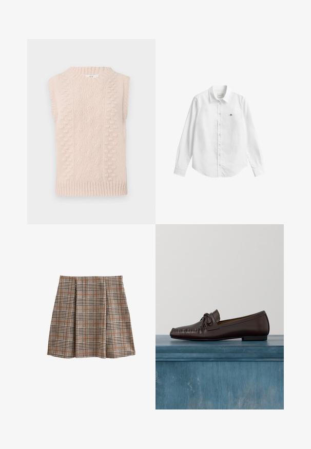 Jersey sin mangas de color beige, tejido, con patrones de punto de cable y pompones, y un cuello redondo ribeteado y dobladillo.; Camisa blanca de manga larga con botones, confeccionada en tela con una ligera textura. Cuenta con un bolsillo frontal con un pequeño logo bordado y un cuello clásico.; Falda de cuadros en una tela tejida, con patrones de cuadros en beige, negro y naranja. Forma acampanada con pliegues en la parte delantera para mayor movimiento.; Mocasines de cuero marrón con puntera redondeada, detalle de lazo y costuras decorativas a lo largo del empeine. Suela plana de goma negra.