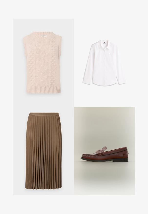 Jersey sin mangas de color beige, tejido, con patrones de punto de cable y pompones, y un cuello redondo ribeteado y dobladillo.; Camisa blanca de manga larga con botones, cuello y pequeño logotipo bordado en el pecho izquierdo.; Falda plisada marrón hecha de una tela suave, con una cinturilla texturizada de patrón geométrico. El diseño es de longitud media y fluye suavemente.; Mocasín de cuero marrón para hombre con suela negra y detalle decorativo de correa, mostrado de perfil sobre un fondo neutro.