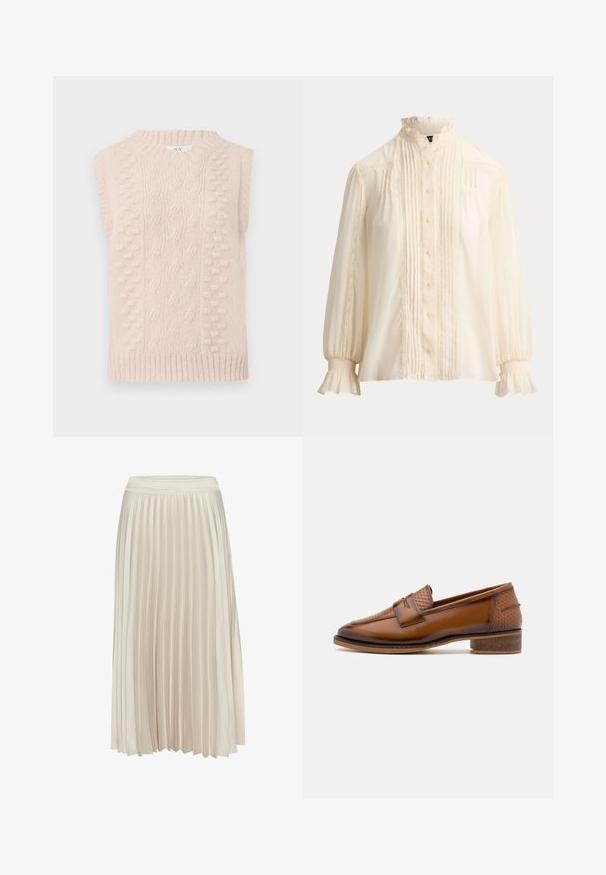 Jersey sin mangas de color beige, tejido, con patrones de punto de cable y pompones, y un cuello redondo ribeteado y dobladillo.; Blusa de manga larga color crema con cuello y puños con volantes, cierre de botones en la parte delantera, pliegues verticales y detalles de encaje.; Falda midi plisada en color beige claro, hecha de una tela suave y lisa. Presenta una cintura ceñida y un diseño fluido.; Mocasines de cuero marrón con un panel frontal tejido texturizado, punta redonda y tacón bajo apilado. Acabado suave con un detalle de costura sutil.