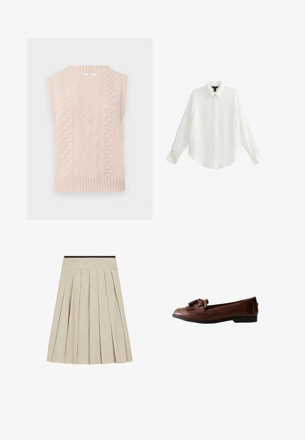 Beige strik vest uden ærmer med kabel- og bobble-stik mønstre samt en ribbet rund hals og kant.; Hvid langærmet skjorte lavet af glat stof, har en spids krave, knaplukning og en afrundet kant med manchetærmer.; Beige knælængde plisseret nederdel med en tætsiddende talje og lynlås på venstre side.; Brun læder loafers med flad sål, detaljeret med en sløjfe og frynseaccent foran, med en glat tekstur og slank design.