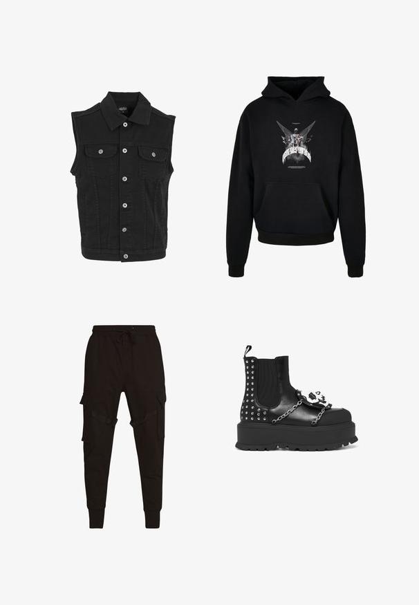 Veste sans manches en denim noir avec col, fermeture par boutons sur le devant et deux poches poitrine boutonnées.; Hoodie noir avec une poche kangourou à l'avant, présentant un graphisme d'une figure ailée et un design de texte en blanc et gris. Matière en mélange de coton.; Pantalons cargo noirs avec taille élastique à cordon, poches latérales et accents texturés sur les poches cargo et les sangles. Poignets ajustés aux chevilles.; Botte plateforme noire avec des clous argentés, des détails en chaîne et une décoration de crâne blanc sur le panneau avant.