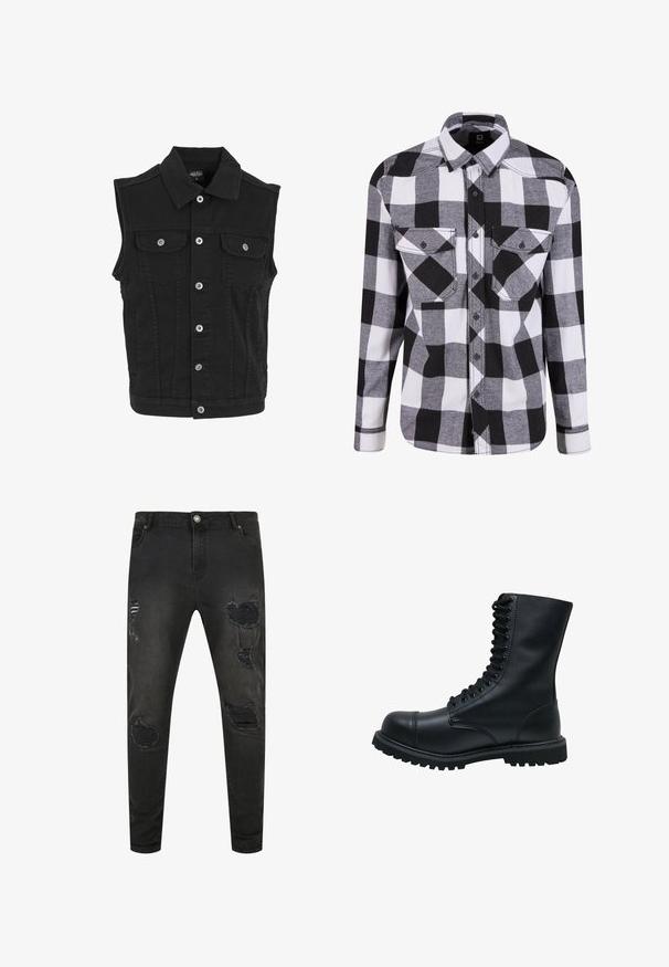 Veste sans manches en denim noir avec col, fermeture par boutons sur le devant et deux poches poitrine boutonnées.; Chemise à carreaux noir et blanc à manches longues avec fermeture à boutons, deux poches poitrine et détail de couture contrasté. Fabriquée en tissu doux.; Jean en denim noir à coupe slim, avec des détails usés, des déchirures et des zones décolorées. Design standard à cinq poches avec fermeture à bouton métallique.; Bottines en cuir noir à lacets avec un bout rond, une tige haute, une semelle en caoutchouc épaisse et une surface texturée. Comprend des piqûres renforcées le long des coutures.