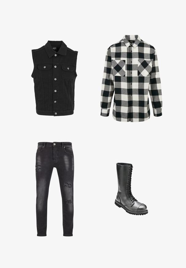 Veste sans manches en denim noir avec col, fermeture par boutons sur le devant et deux poches poitrine boutonnées.; Chemise en flanelle noir et blanc avec un grand motif à carreaux, manches longues, patte de boutonnage à l'avant et deux poches poitrine. Fabriquée en tissu doux.; Jeans en denim noir à coupe slim, présentant des détails déchirés et des patches effilochés, un léger délavage, et une fermeture standard par bouton et zip.; Bottines de combat en cuir noir à lacets avec une tige haute, un bout rond, un col rembourré et une semelle en caoutchouc texturé pour une adhérence améliorée.