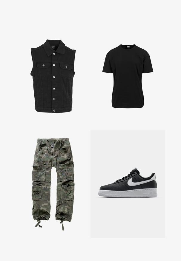 Veste sans manches en denim noir avec col, fermeture par boutons sur le devant et deux poches poitrine boutonnées.; T-shirt noir à manches courtes en coton, avec un col rond et une coupe classique, sans motifs ni accents visibles.; Pantalons cargo camouflage en coton, dotés de plusieurs poches, de poignets élastiques et d'une coupe ample avec une taille à cordon.; Baskets en cuir noir avec surface texturée, swoosh Nike blanc, semelle grise, bout rond et design à lacets. Comprend des perforations sur la boîte à orteils.