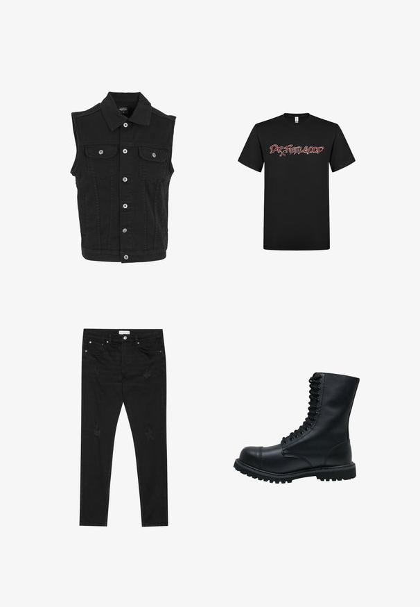 Zwarte mouwloze spijkervest met kraag, knoopsluiting aan de voorkant en twee borstzakken met knopen.; Zwarte katoenen t-shirt met een gedurfde, gestileerde grafische tekst "Dr. Feelgood" in het rood, omrand met wit, korte mouwen en een casual pasvorm.; Zwarte slim-fit jeans met subtiele vervaagde patches, metalen knoop, voorkezen en een Pier One-label op de tailleband.; Zwarte leren veterschoen met een ronde neus, hoge schacht, dikke rubberen zool en een gestructureerd oppervlak. Heeft versterkte stiksels langs de naden.