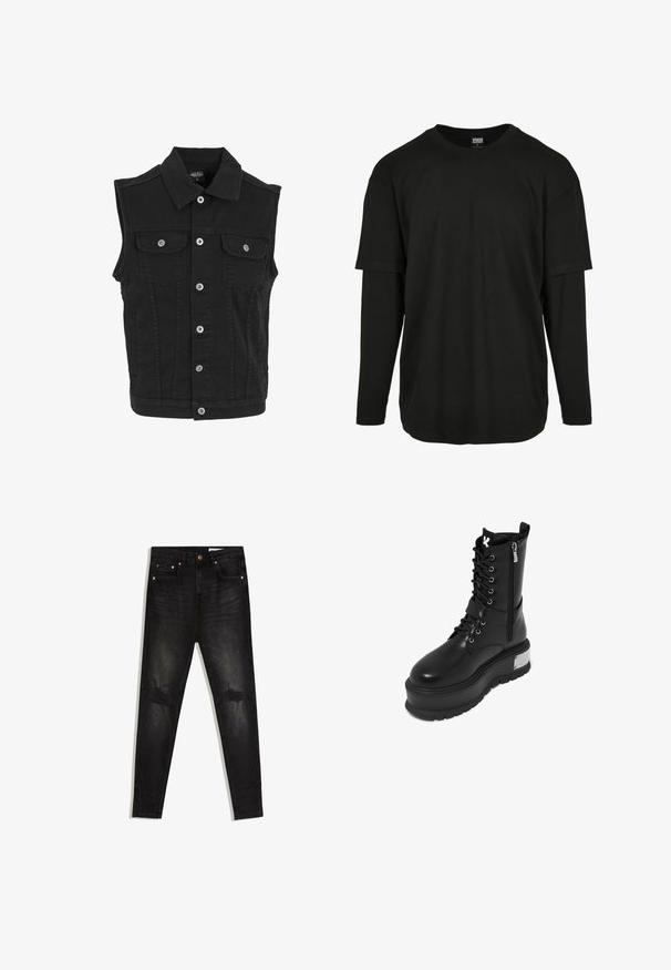Veste sans manches en denim noir avec col, fermeture par boutons sur le devant et deux poches poitrine boutonnées.; Urban Classics OVERSIZED SHAPED DOUBLE LAYER LS TEE - T-shirt à manches longues - black/black; Jean skinny noir avec des zones usées sur les deux genoux, style cinq poches, et détails en rivets en cuivre, posé à plat sur fond blanc.; Bottes de combat en cuir synthétique noir avec une plateforme épaisse, présentant un laçage à l'avant, une fermeture éclair et un accent métallique sur le talon.