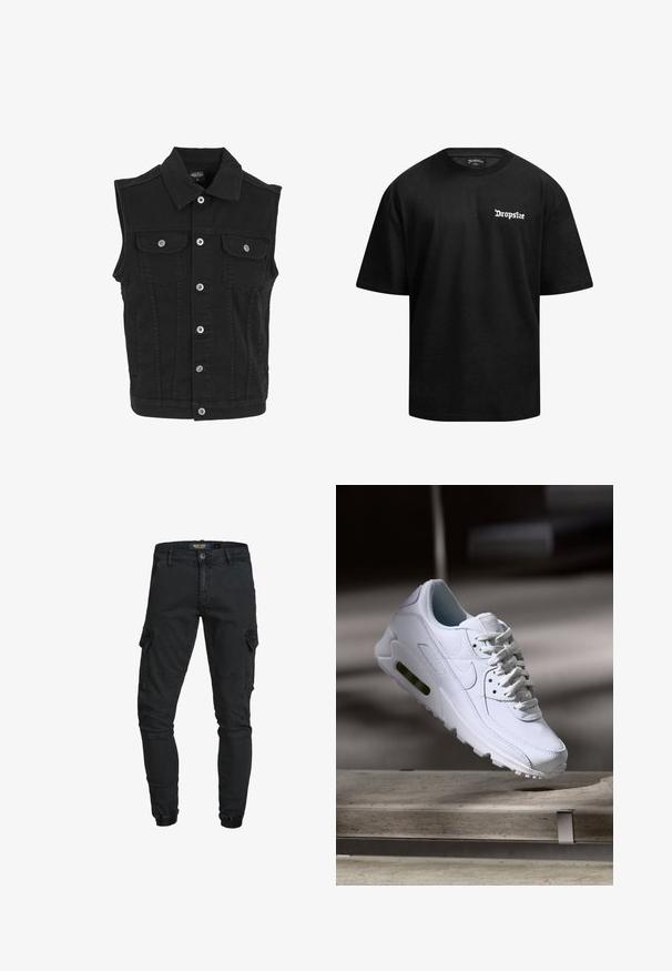 Zwarte mouwloze spijkervest met kraag, knoopsluiting aan de voorkant en twee borstzakken met knopen.; Zwarte katoenen t-shirt met korte mouwen, ronde hals en witte "Dropsize" tekstlogo op de linkerborst. Glad textuur. Klassieke pasvorm.; Zwarte cargobroek met knoopsluiting, riemlussen, zijflappzakken, kniezomen en elastische boorden bij de enkels.; Witte leren sneaker met gestructureerde oppervlakken, gevoerde kraag en zichtbare luchtbescherming in de zool. Heeft veters en een minimalistisch ontwerp.