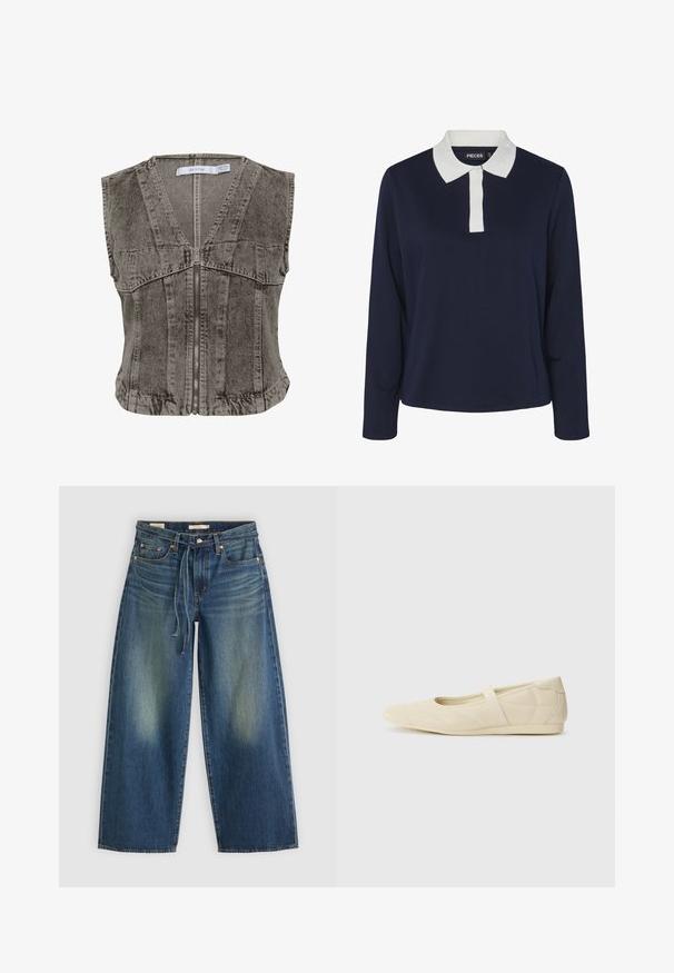 Grijze denim vest met een diepe V-hals en ritssluiting. Heeft een mouwloos ontwerp en gestructureerde naden voor een op maat gemaakte pasvorm.; Marineblauwe polo met lange mouwen, voorzien van een contrasterende witte kraag en knoopsluiting, gemaakt van een gladde, gestructureerde stof.; Denim wide-leg jeans in donkerblauw met een vervaagd ontwerp, voorzien van een trekkoord in de taille en vijf zakken.; Beige ballerina's met een gladde leren buitenkant, amandelvormige punt en elastische band over de wreef, met subtiele stiksels.