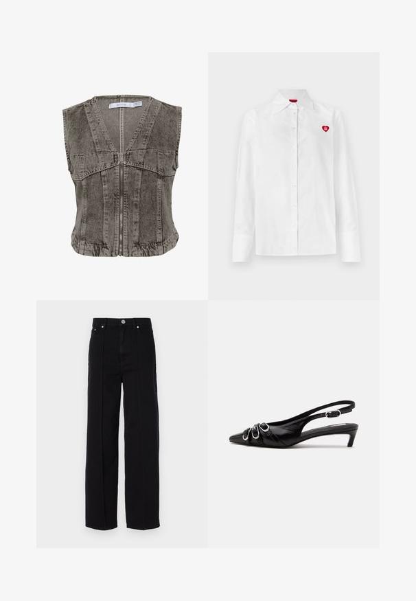 Grijze denim vest met een diepe V-hals en ritssluiting. Heeft een mouwloos ontwerp en gestructureerde naden voor een op maat gemaakte pasvorm.; Witte blouse met knopen, lange mouwen, klassieke kraag en een rood hartlogo op de linkerborst. Gladde textuur en een getailleerde pasvorm.; Zwarte denim wijde pijpen broek met een hoge taille, voorzien van vijf zakken, een metalen knoopsluiting en rechte stiknaden langs de zijkanten.; Zwarte leren slingback schoen met puntige neus, drie zilveren gespen aan de voorkant en lage kittenhak op witte achtergrond.