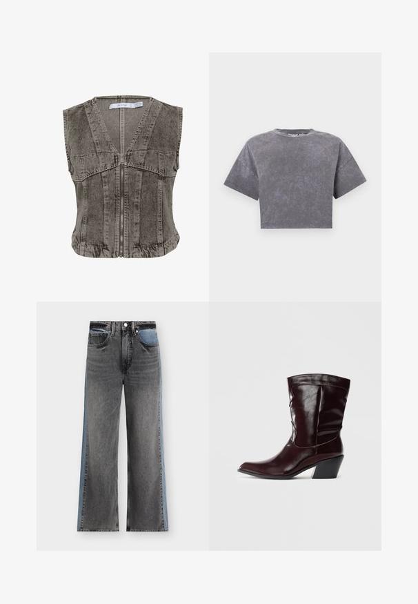 Grijze denim vest met een diepe V-hals en ritssluiting. Heeft een mouwloos ontwerp en gestructureerde naden voor een op maat gemaakte pasvorm.; Korte grijze cropped T-shirt met een vervaagde, gewassen textuur en wijde korte mouwen tegen een effen witte achtergrond.; Jeans met rechte pijpen met zwarte frontpanelen en blauwe zijpanelen, met voorzakken en een knoopsluiting.; Bordeaux leren enkellaarsjes met een spitse neus, textuur op het oppervlak en een taps toelopende lage hak. Heeft subtiele stiksels en een strakke pasvorm.