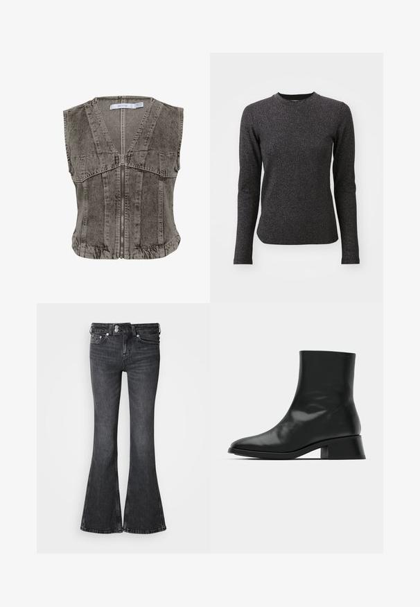 Grau denim Weste mit tiefem V-Ausschnitt und Reißverschluss. Sie verfügt über ein ärmelloses Design und strukturierte Nähte für eine taillierte Passform.; Schwarzes Langarmshirt mit rundem Ausschnitt, gefertigt aus einem strukturierten, funkelnden Stoff. Das Design ist figurbetont und mit dezenten reflektierenden Fäden versehen.; Schwarze Schlagjeans aus Denim mit mittelhohem Bund, fünf Taschen und einem abgesteppten Saum. Dekoratives Logo auf dem hinteren Bund.; Schwarze Ankle Boots aus glänzendem Leder, mit einem eleganten Design, spitzer Zehenpartie und einem moderaten Blockabsatz für Stabilität.