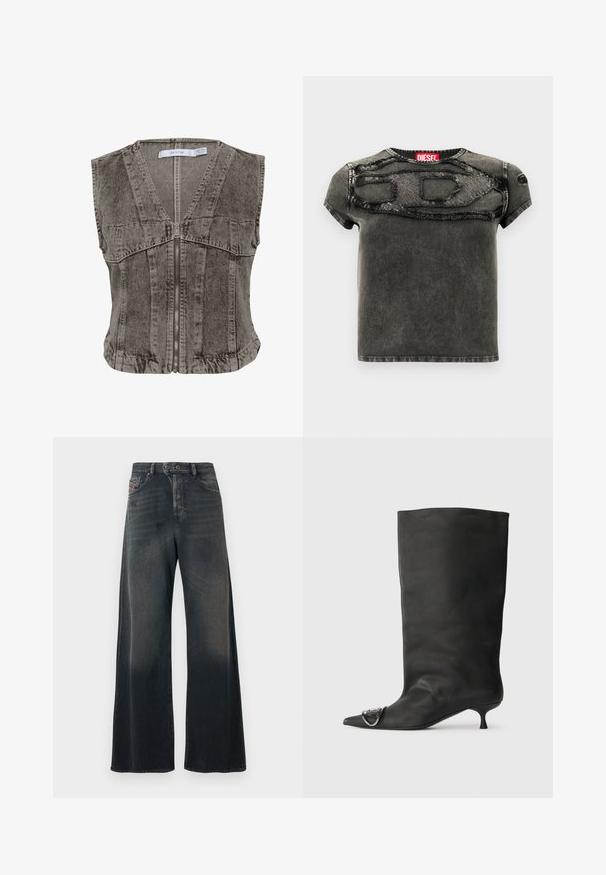 Grå denimvest med dyb V-hals og lynlåsstruktur. Har ærmeløs design og strukturerede sømme for en skræddersyet pasform.; Sort denim kortærmet skjorte med et slidt patch-design på forsiden, teksturerede detaljer og en ribbet rund halsudskæring.; Vidbenede jeans i mørk vaskede denim med en diskret falmet tekstur, der har en knapgylp og baglommer med syningsdetaljer.; Sort læder ankelstøvle med spidse tå, lille hæl og metallisk detalje på tæerne. Glat, mat overflade hele vejen igennem.