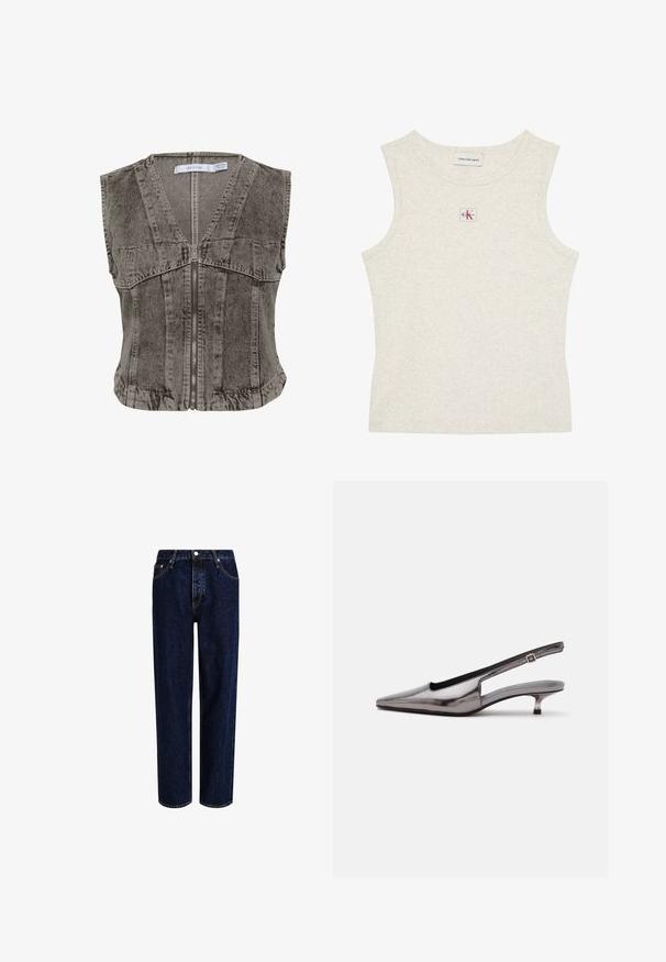Grå denimvest med dyb V-hals og lynlåsstruktur. Har ærmeløs design og strukturerede sømme for en skræddersyet pasform.; Ærmeløs, lysebeige ribstrikket tanktop med Calvin Klein Jeans-mærke inde i kraven og lille CK-logo på en lap centreret under halsudskæringen.; Mørkeblå denim jeans med lige ben-design, der har høj talje, fem-lomme-stil og kontrastsyninger. Ingen dekorationer.; Metalgrå spids slingback-sko med lav kittenhæle og justerbar rem på hvid baggrund.