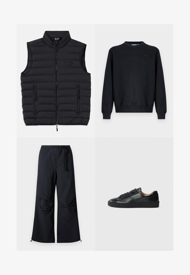 Sort puffer-vest med høj krave, frontlynlås og to lynlåslommer på siden. Fremstillet af quiltet, letvægtsmateriale.; Sort sweatshirt lavet af bomuldsblend. Rund halsudskæring, lange ærmer, ribstrikkede manchetter og kant. Diskret logo på brystet.; Sorte bukser med vide ben lavet af letvægtstof. Har bælte, to store sidelommer og justerbare kanter med snorlås.; Sorte lædersneakers med en glat overflade, rund tå og snørebåndslukning. Har en tyk gummisål og minimal branddetalje.