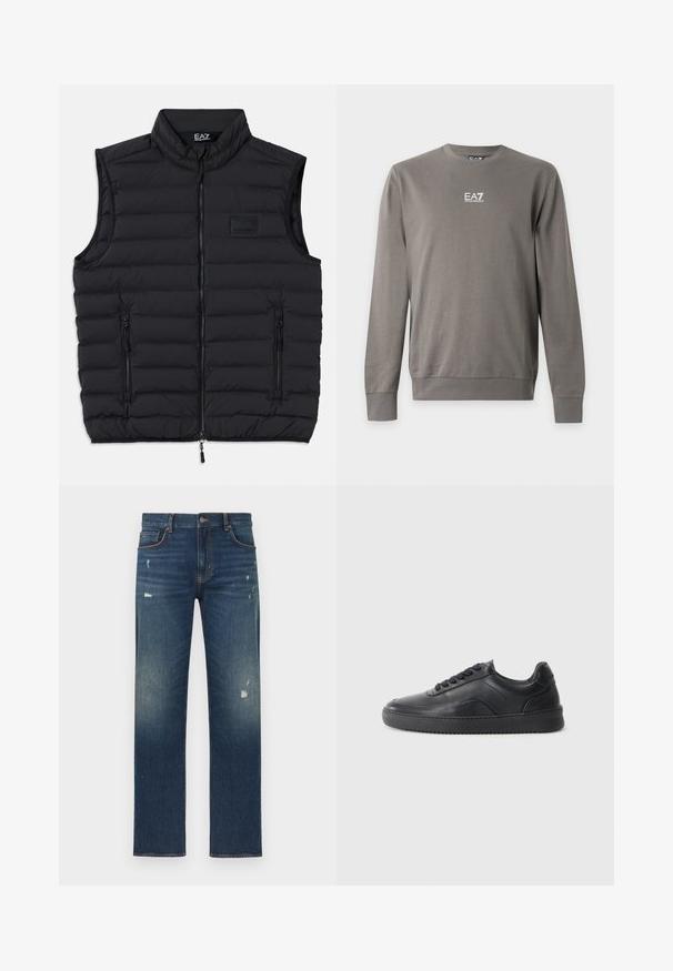 Schwarze Steppweste mit hohem Kragen, Frontreißverschluss und zwei seitlichen Reißverschlusstaschen. Hergestellt aus leichtem, gesteppetem Material.; Graues Sweatshirt mit Rundhalsausschnitt und langen Ärmeln, mit weißem EA7 Emporio Armani-Logo auf der Brust, Rippbündchen an Ärmeln und Saum.; Blaue Jeans aus Denim mit geradem Schnitt, leichter Abnutzung und Verblassung, fünf Taschen und Knopfverschluss an der Taille.; Schwarze Leder-Sneaker mit glatter Oberfläche, abgerundeter Zehenpartie, strukturiertem Seitenpaneel und schwarzen Schnürsenkeln. Verfügt über eine flache Gummisohle und ein minimalistisches Design.
