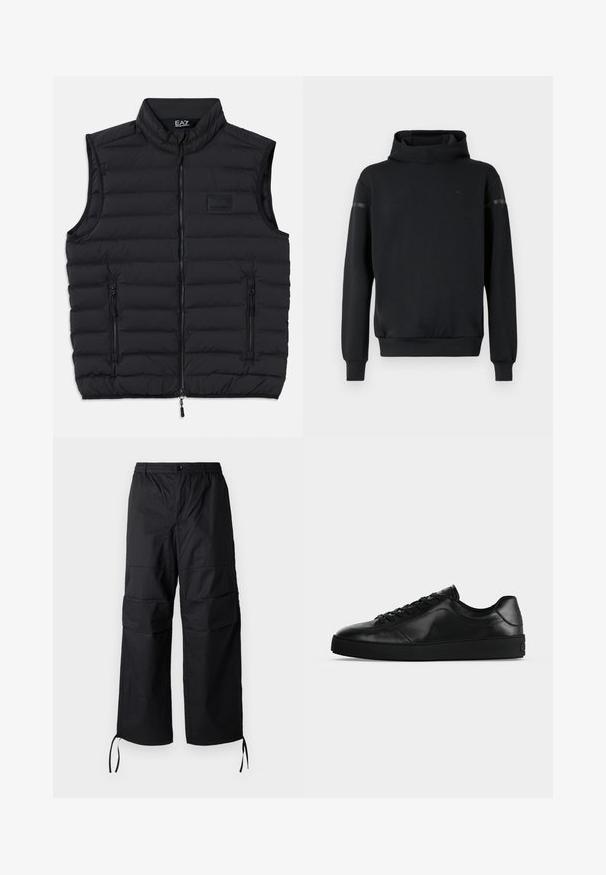 Schwarze Steppweste mit hohem Kragen, Frontreißverschluss und zwei seitlichen Reißverschlusstaschen. Hergestellt aus leichtem, gesteppetem Material.; Schwarzer Hoodie mit hohem Kragen, langen Ärmeln und lockerem Schnitt. Verfügt über ein dezentes Logo und eine glatte Textur mit leichtem Glanz an den Schulterakzenten.; Schwarze Cargo-Hosen aus leichtem Stoff mit weitem Bein, elastischem Bund und verstellbaren Kordeln an den Säumen. Zwei seitliche Taschen.; Niedrig geschnittener schwarzer Ledersneaker mit Schnürung vorne und strukturierter flacher Sohle, seitlich auf neutralem Hintergrund gezeigt.
