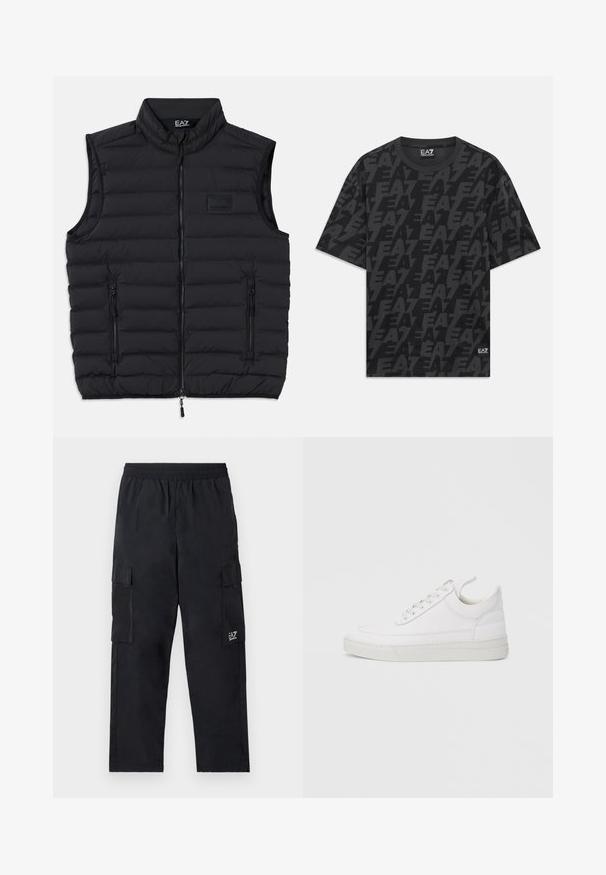 Schwarze Steppweste mit hohem Kragen, Frontreißverschluss und zwei seitlichen Reißverschlusstaschen. Hergestellt aus leichtem, gesteppetem Material.; Schwarzes T-Shirt mit kurzen Ärmeln und Rundhalsausschnitt, das wiederholende dunkelgraue "EA7"-Logos zeigt und ein kleines EA7 Emporio Armani Etikett am Saum hat.; Schwarze Cargo-Hosen mit einem elastischen Bund, Seitentaschen und einem kleinen Logo am linken Bein. Hergestellt aus leichtem, glattem Stoff.; Weißer Ledersneaker mit abgerundetem Zehenbereich, flacher Sohle und Schnürverschluss. Verfügt über Nahtdetails und einen gepolsterten Kragen für zusätzlichen Komfort.