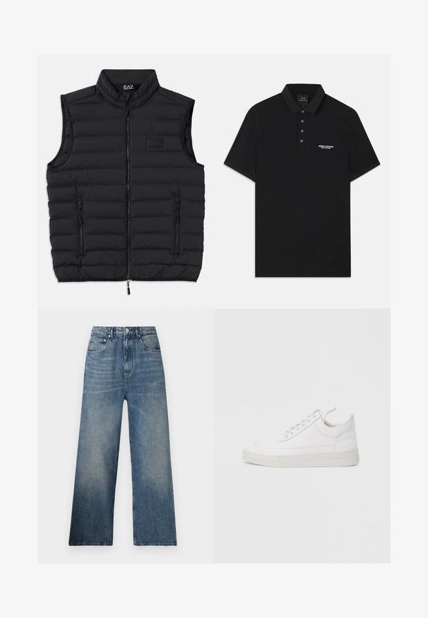 Schwarze Steppweste mit hohem Kragen, Frontreißverschluss und zwei seitlichen Reißverschlusstaschen. Hergestellt aus leichtem, gesteppetem Material.; Schwarzes Poloshirt aus Baumwolle mit Standardkragen, Dreiknopf-Leiste und kleinem weißen "Armani Exchange"-Logo auf der linken Seite.; Blaue Denim-Hosen mit weitem Bein und hohem Bund, mit subtilen Verfärbungen, fünf Taschen und einem Metallknopfverschluss vorne.; Weißer Ledersneaker mit abgerundetem Zehenbereich, flacher Sohle und Schnürverschluss. Verfügt über Nahtdetails und einen gepolsterten Kragen für zusätzlichen Komfort.